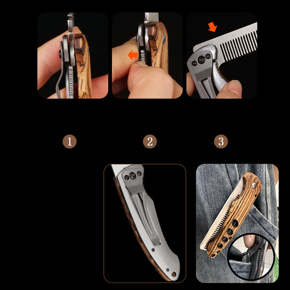 Peigne en bois de pêcher à dents fines, avec logo gravé, pour l'entretien de la barbe et des cheveux.