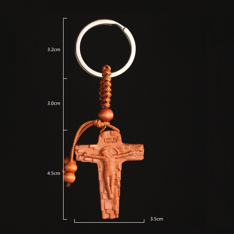 Collier, bracelet et porte-clés croix de Jésus en bois naturel avec logo/nom personnalisé