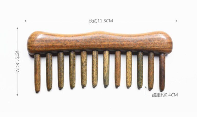 Peigne en bois de santal vert avec logo gravé - Nouveau modèle - Peigne à dents larges avec manche pour cheveux/barbe et maquillage