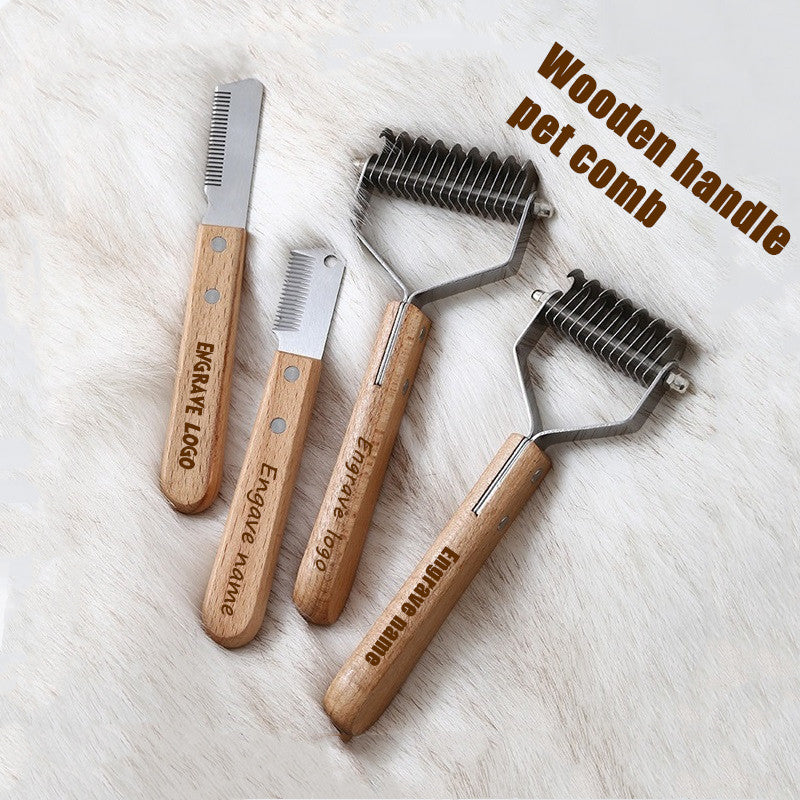 Personalized logo-Pet comb rake hair comb dog grooming tool cat comb wood handle pet brush gift