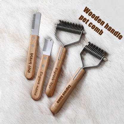 Personalized logo-Pet comb rake hair comb dog grooming tool cat comb wood handle pet brush gift