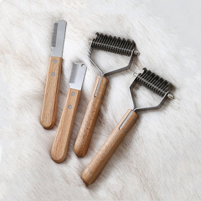 Personalized logo-Pet comb rake hair comb dog grooming tool cat comb wood handle pet brush gift